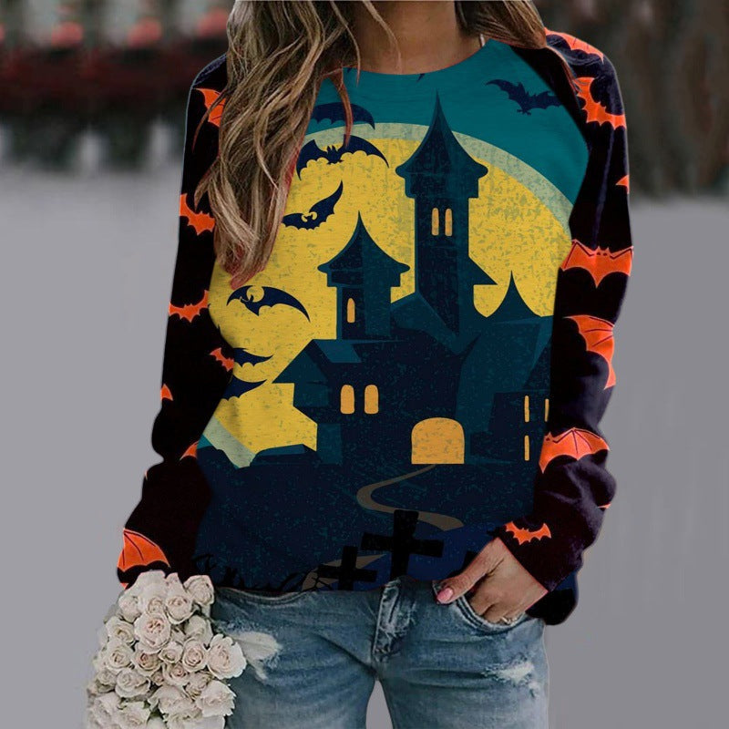 Halloween Cartoon Print Sweatshirt Long Sleeve Pullover Tops Women Style5 / S