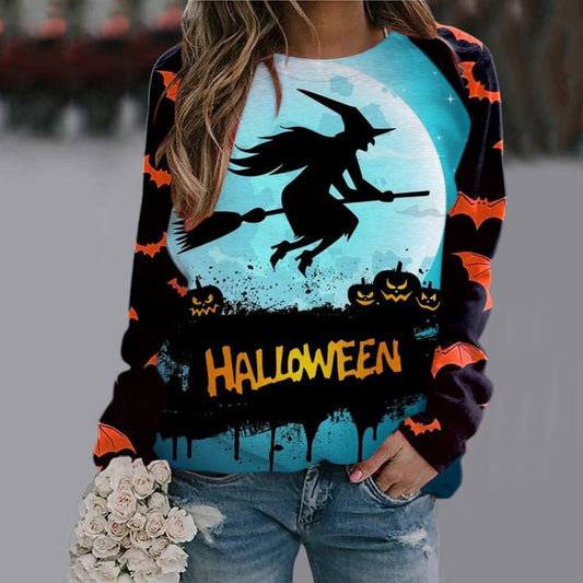 Halloween Cartoon Print Sweatshirt Long Sleeve Pullover Tops Women Style2 / S