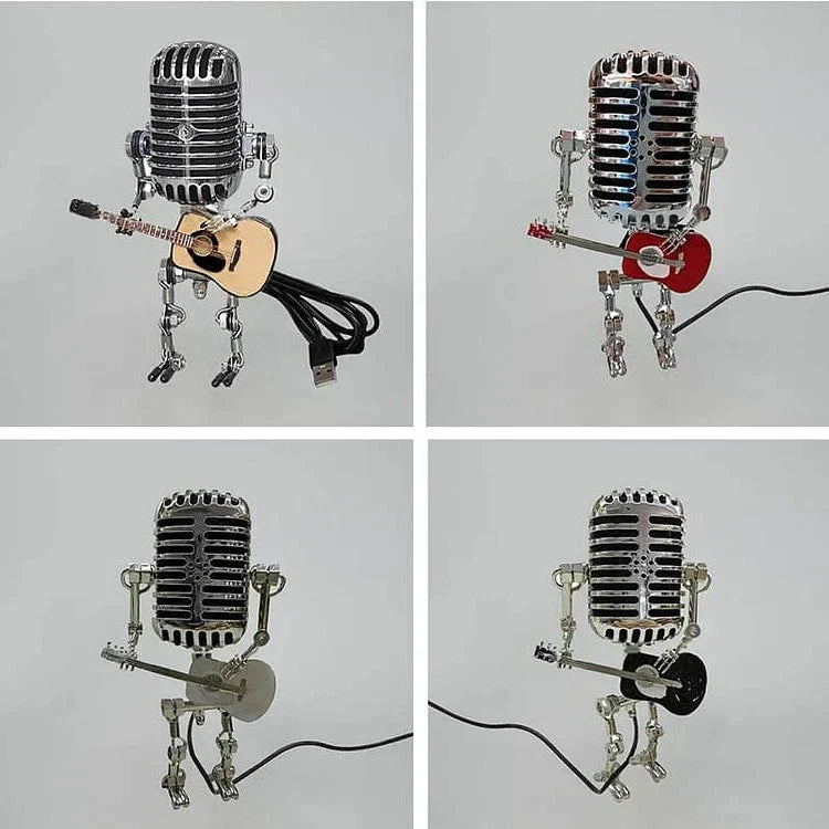 Vintage Metal Microphone Robot With Guitar Lamp