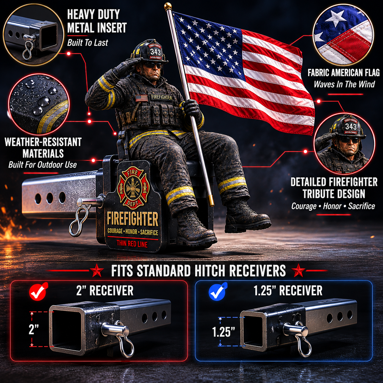 Firefighter Thin Red Line Tribute Trailer Hitch Cover