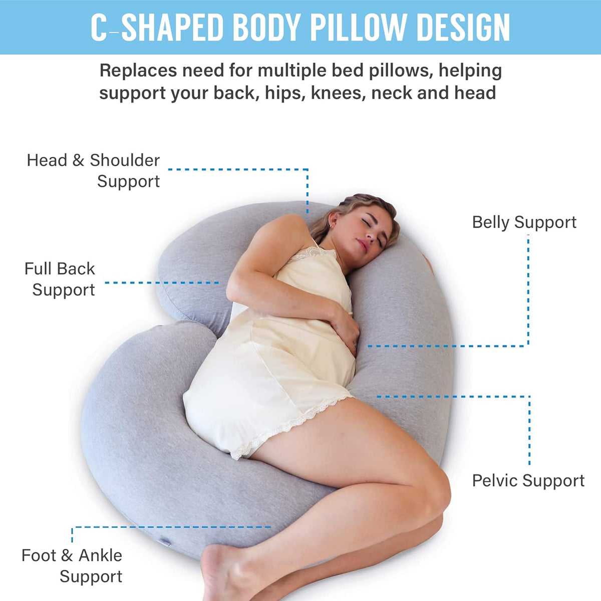 Full Body Pregnancy Pillow with Semicircular C Shape and Machine Washable Jersey Cover