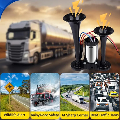 Dual Electric Air Horn Kit with 130dB Output and Integrated Compressor for Vehicles
