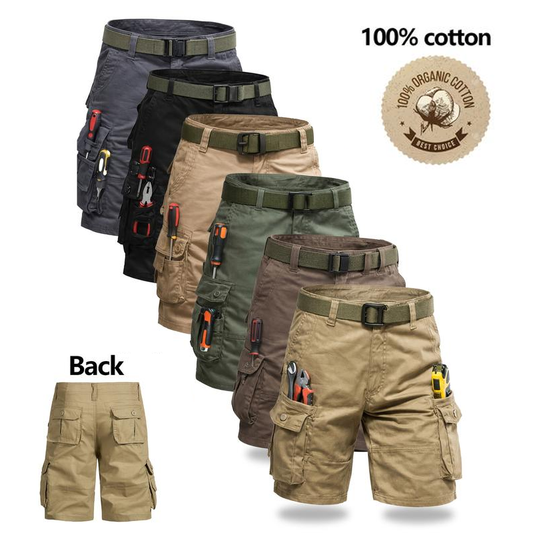 Men's Heavy-Duty Multi-Pocket Tactical Cargo Shorts - 100% Organic Cotton Hiking & Work Shorts
