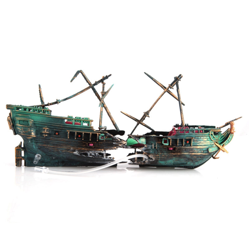 Shipwreck Aquarium Hideout with Air Hose and Multiple Entry Points