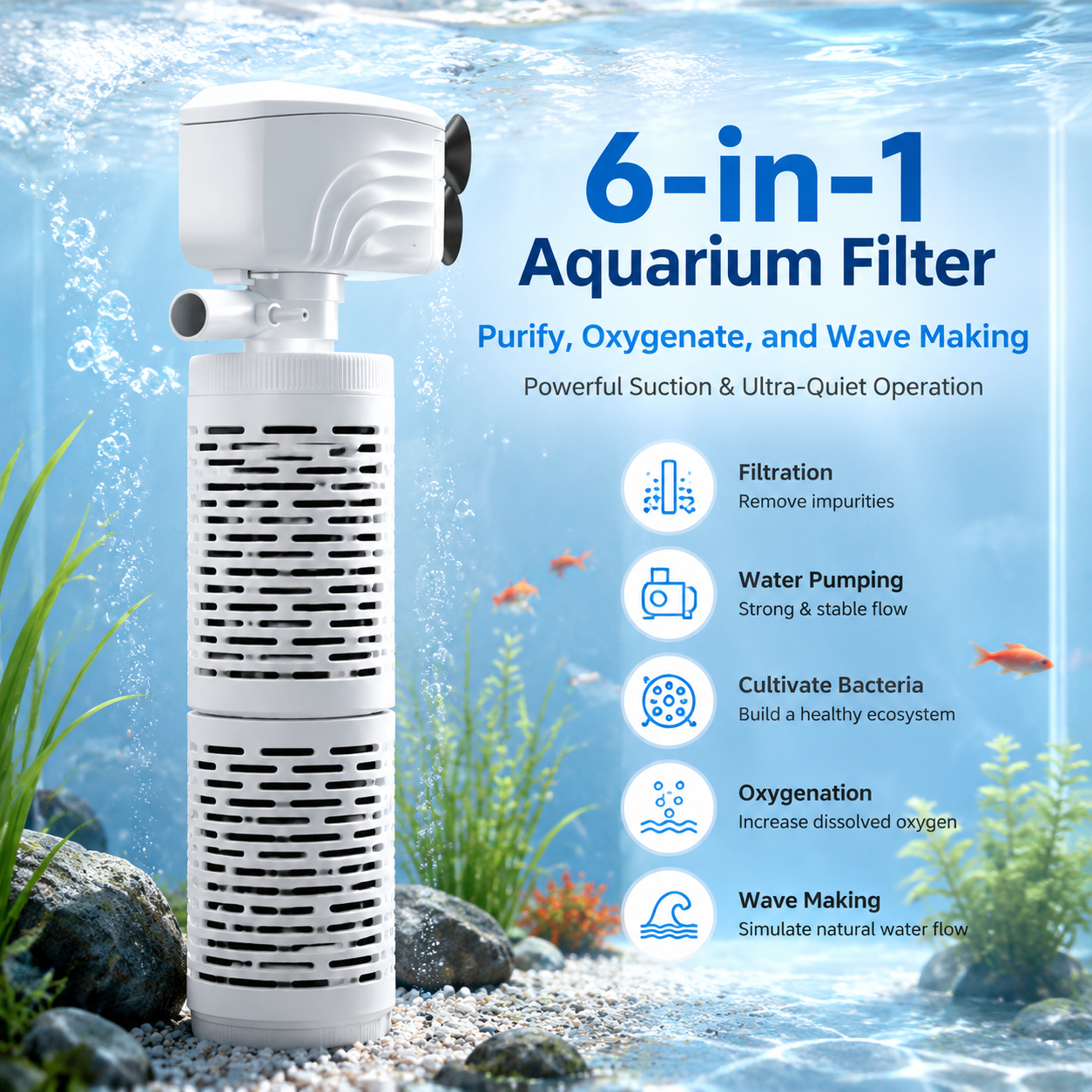 Limited-time offer-Fish Tank 6-in-1 Filter - Filtration, Oxygenation & Water Pumping