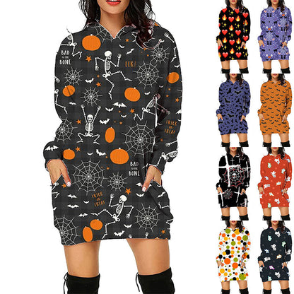 Halloween Print Long Hoodie With Pockets Sweater Sleeve Clothes Women