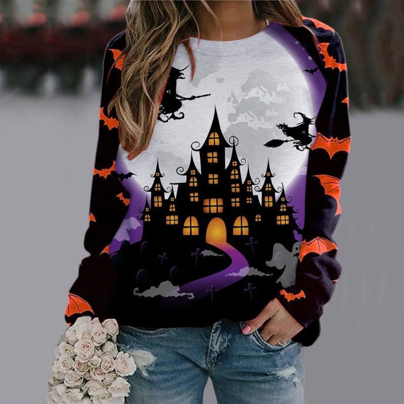 Halloween Cartoon Print Sweatshirt Long Sleeve Pullover Tops Women Style3 / S