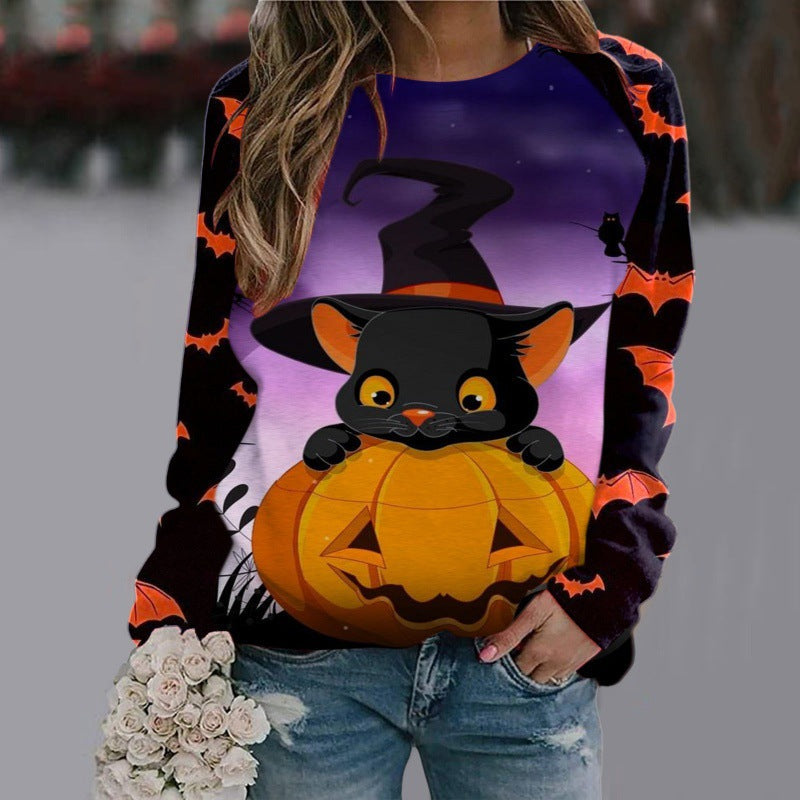 Halloween Cartoon Print Sweatshirt Long Sleeve Pullover Tops Women Style4 / S