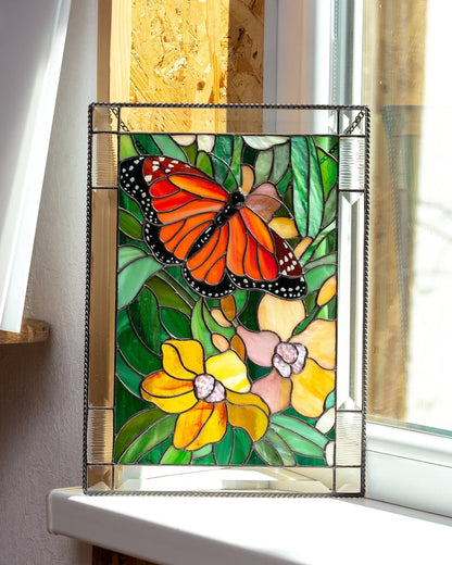 Cardinal Stained Window Panel Monarch Butterfly