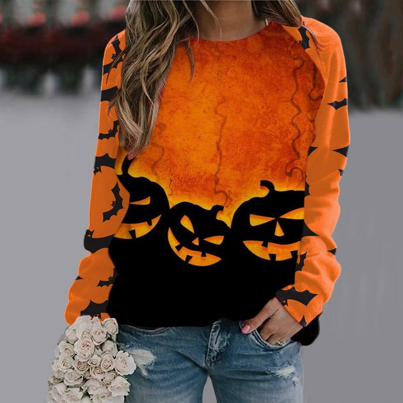 Halloween Cartoon Print Sweatshirt Long Sleeve Pullover Tops Women Style6 / S