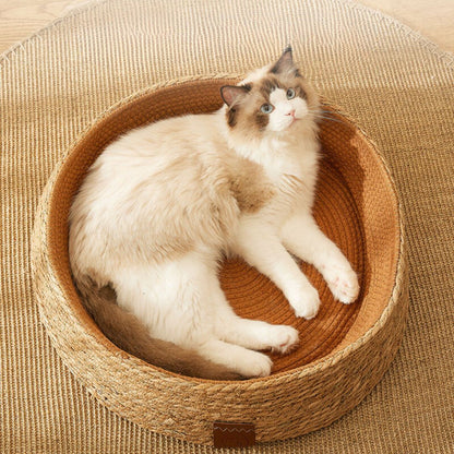 Rattan Cat Bed with Raised Bowl Design and Natural Scratching Surface