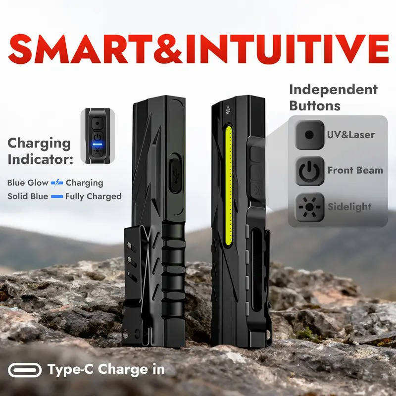 Rechargeable LED Flashlight with Magnetic Tail and UV Red Laser, 1500 Lumens