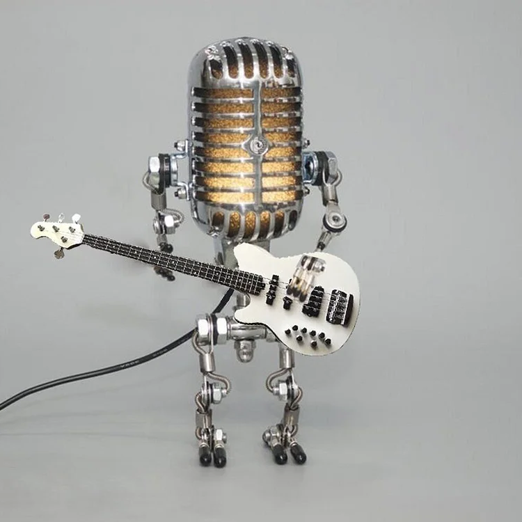 Vintage Metal Microphone Robot With Guitar Lamp White | Bass Guitar